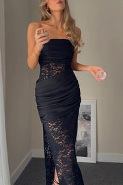 Dulcie Lace and Satin Patchwork Asymmetrical Pleats Bandeau Maxi Dress