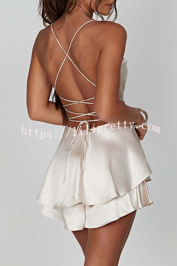 Ruffled Elegant Satin Strappy Satin Backless Lace Up Mini Dress