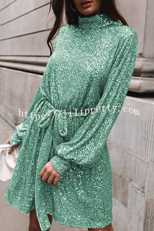 Fashionable Sequined Long-sleeved Belted Casual Mini Dress