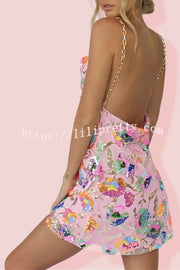 Lilipretty Round Neck Backless Sequin Floral Chain A Line Mini Dress