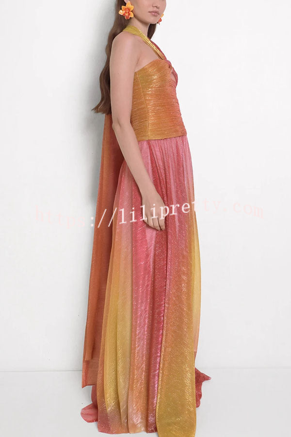 Vireya Metallic Fabric Gradient Print Ruched Cutout Halter Maxi Dress