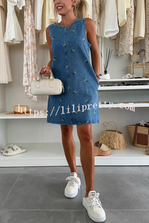 Floral Print Round Neck Sleeveless Loose Denim Mini Dress