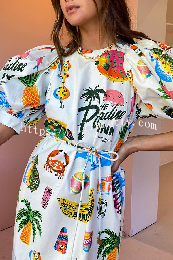 Lilipretty Embrace Individuality Unique Print Puff Sleeve Pocketed Belt Midi Dress