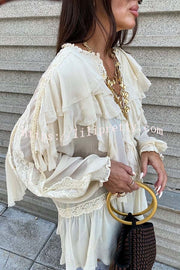 Autumn Boho Chiffon Lace Trim Ruffle Balloon Sleeve Blouse