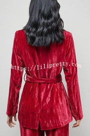 Solid Color Velvet Long-sleeved Waist Tie Top and Elastic Waist Casual Pocket Straight-leg Pants Set