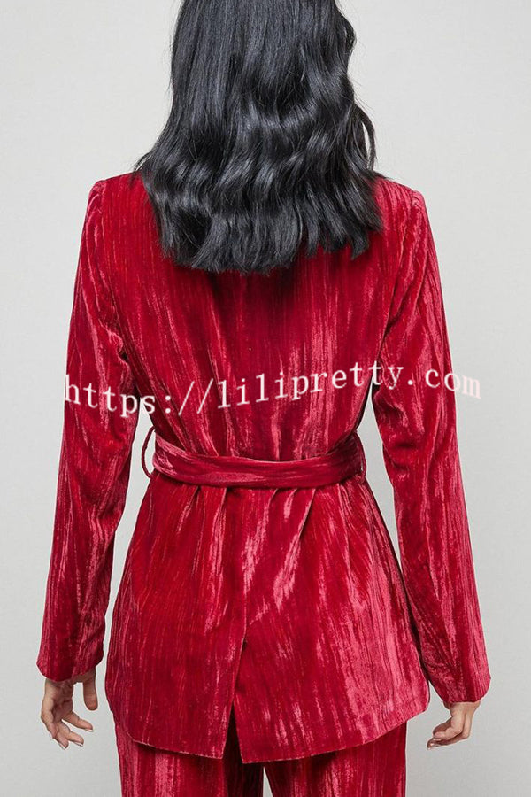 Solid Color Velvet Long-sleeved Waist Tie Top and Elastic Waist Casual Pocket Straight-leg Pants Set