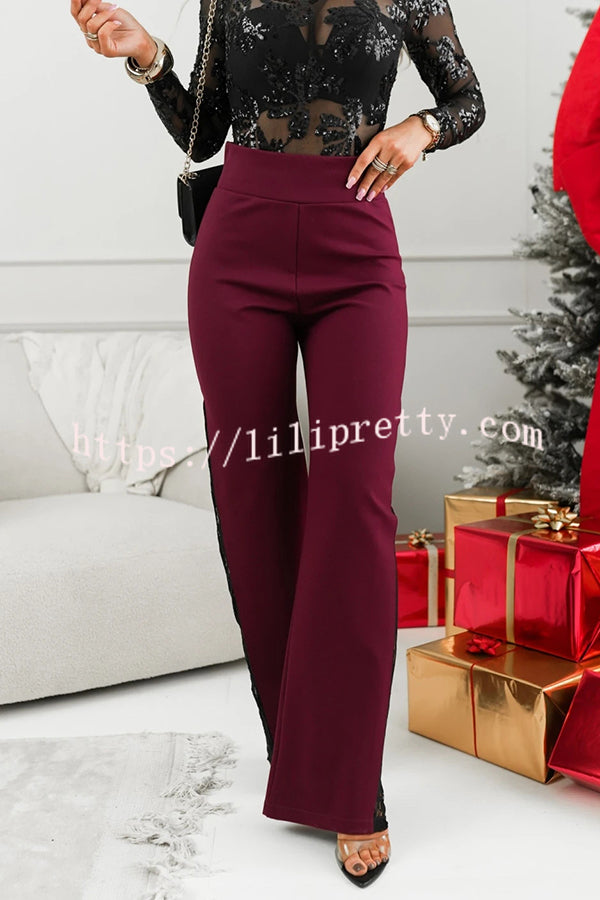 Joelie High Rise Elastic Waistband Side Lace Patchwork Flare Pants