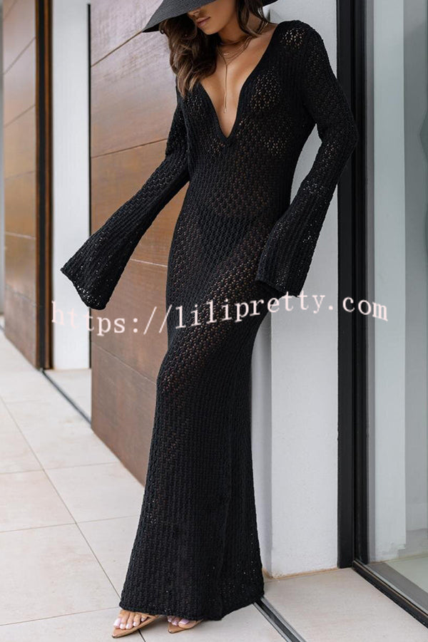 Zora Knit Hollow Cutout Neck Long Sleeve Cover-up Maxi Dress