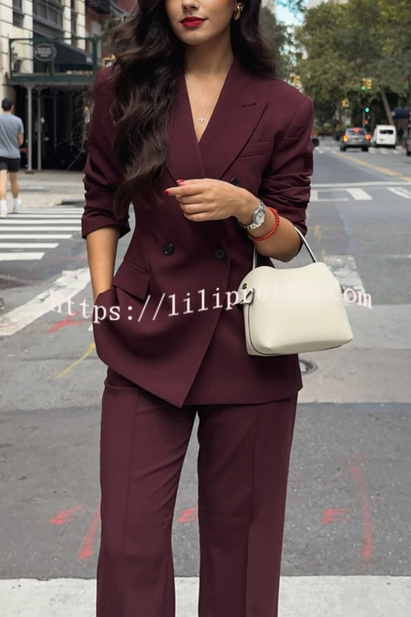 The Perfect Style Button Up Lapel Blazer and Pocketed Wide Leg Pants Set