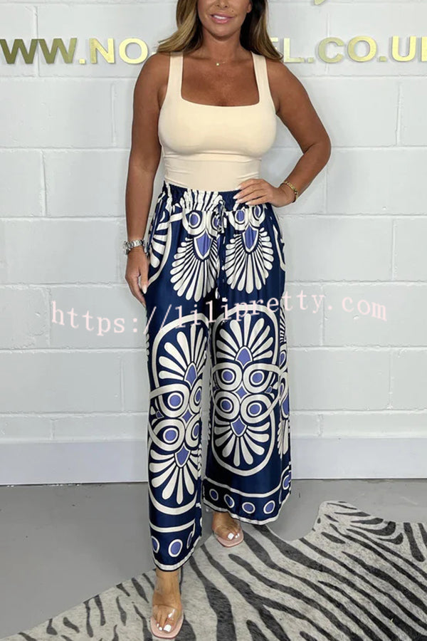 Satin Unique Printed Elastic Waist Tie Casual Vacation Loose Pants