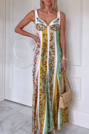 Sweet Garden Linen Blend Color Block Floral Paneled Maxi Dress