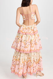Charming Smile Floral Print Scalloped Lace-trim Back Tie-up Tiered Maxi Dress