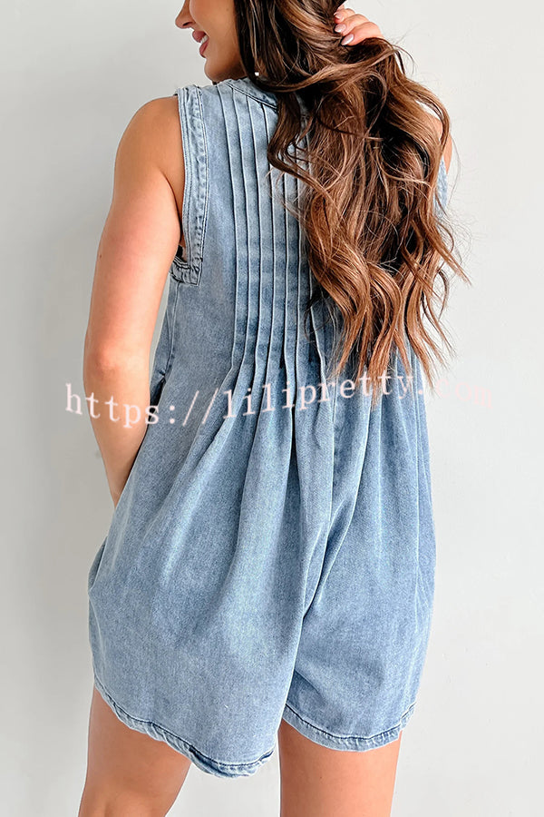 Downtown Daze Denim Pleated Tie-up Pocketed Loose Romper