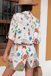 Sun Kiss Linen Blend Unique Print Button Loose Shirt and Elastic Waist Pocket Shorts Set