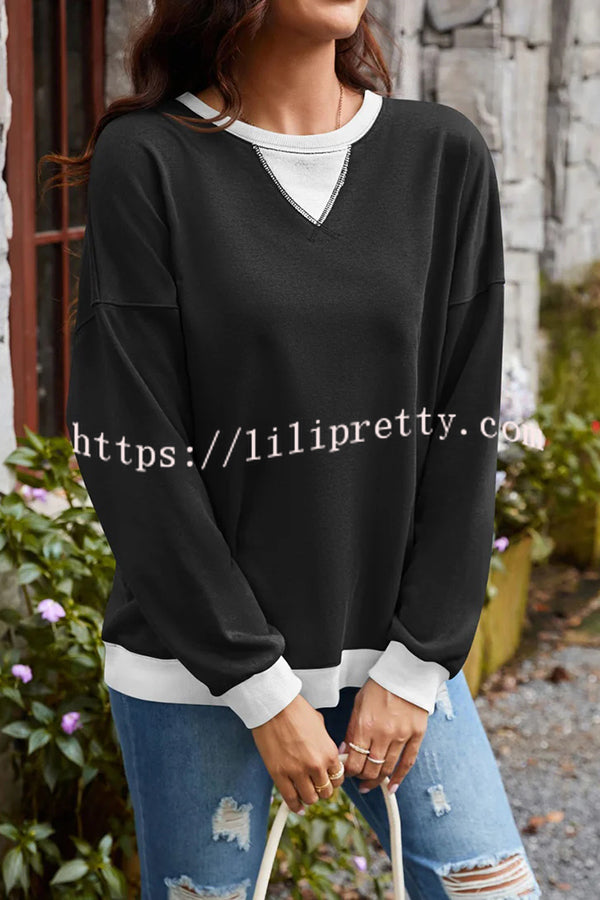 Fashionable Contrasting Color Loose Long-sleeved Casual Sweatshirt