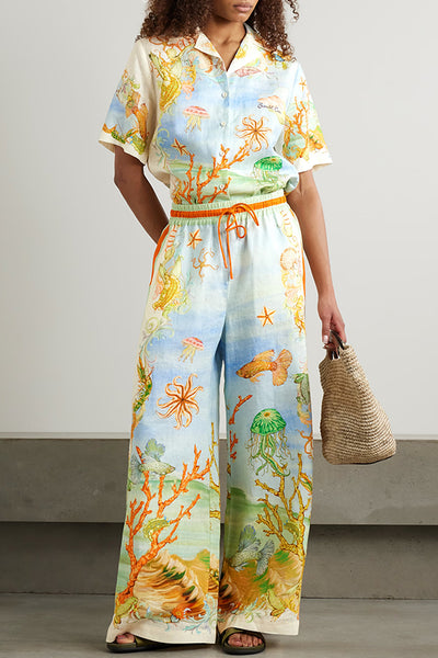 Unique Printed Lapel Short Sleeve Loose Shirt and Elastic Waist Casual Pocket Vacation Pants Set