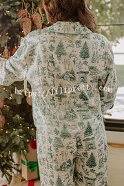Christmas Night Satin Loose Shirt and Elastic Waist Pocketed Pajama Set