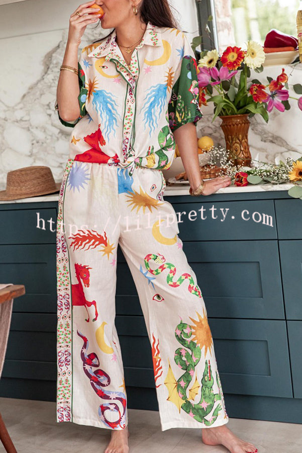 Lilipretty® Bohemian Beauty Unique Print Short Sleeve Loose Shirt and Elastic Waist Pants Set