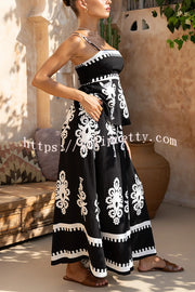 Unique Ethnic Print Suspender Pleated Top and Elastic Waist Loose Wide-leg Pants Set