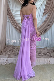 Julie Tulle Lace Trim Off Shoulder Ruched Back Lace-up Drape Slit Maxi Dress