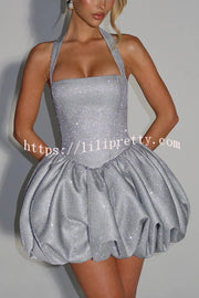 Araminta Glitter Fabric Square Halter Tie Neck Back Lace-up Fluffy Bubble Mini Dress