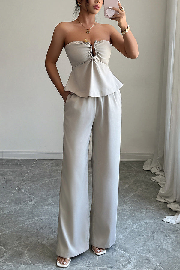 Solid Color Off-shoulder Backless Tube Top and Casual Pocket Straight Pants Set