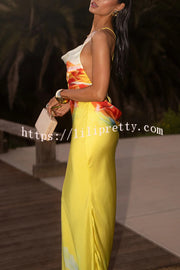Luisa Satin Floral Print Cowl Neck Sexy Open Back Tie-up Maxi Dress