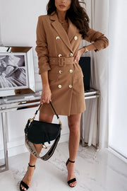 Solid Color Lapel Long Sleeve Button Belt Long Coat