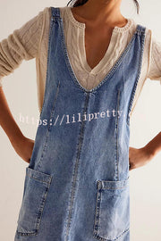 Solid Color Sleeveless V-neck Pocket Adjustable Denim Suspender Mini Dress