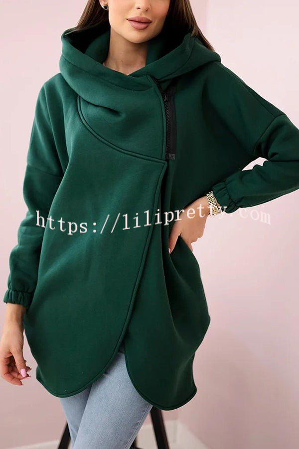 Solid Color Loose Hooded Zip-up Casual Sports Jacket
