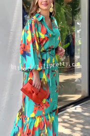 Multicolor Printed Lapel Balloon Sleeves Tie-waist Maxi Dress