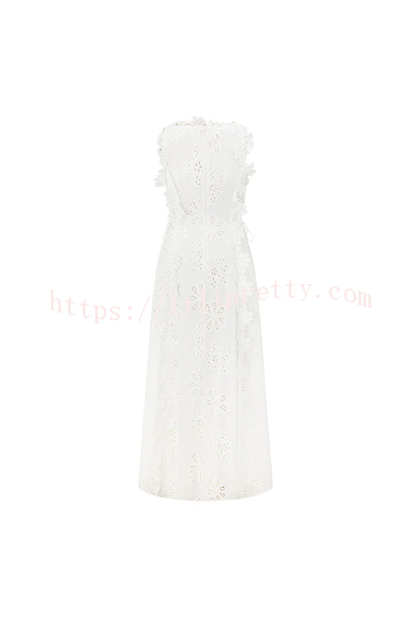 Mairi Embroidery Hollow Fabric Delicate Flower Trim Side Lace-up Maxi Dress
