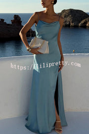 Flowing Elegance Satin Draped Neck Backless Ruffle Slit Maxi Dress