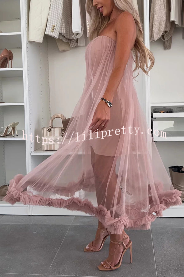 Fairytale Charm Tulle Off Shoulder Ruffles Trim A-line Midi Dress