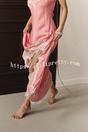 Breezy City Fall SatinLace Petal Trim Slip Tie-up H-line Slit Maxi Dress