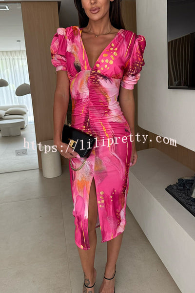 Unique Print V-Neck Puff Sleeve Slit Slim Midi Dress