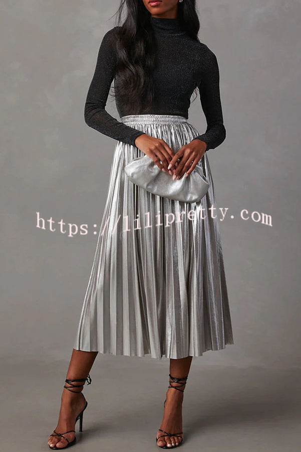 Yuletide Glow  Metallic Fabric Pleated Elastic Waist Midi Skirt