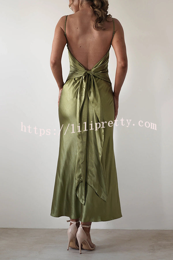 Satin Elegant Sling Backless Lace-Up Midi Dress