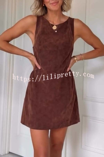 Atlas Faux Suede Open Back Button Accents Zipper Mini Dress