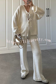 Solid Color V-neck Tie Long-sleeved Loose Knit Cardigan and Elastic Waist Casual Straight Leg Pants Set