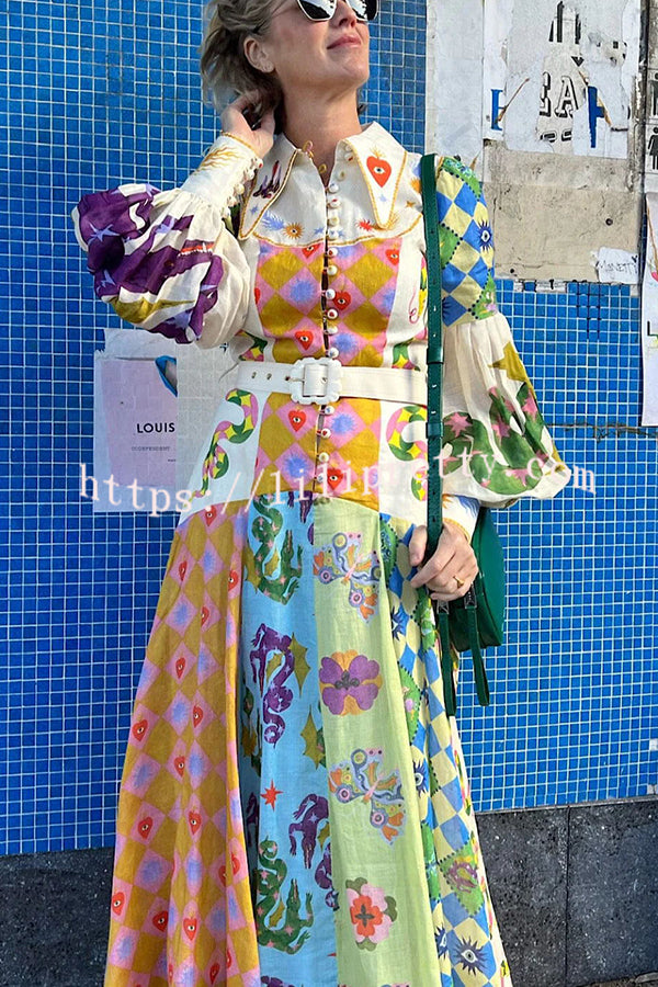 Lilipretty Bold and Chic Irregular Unique Print Balloon Sleeve Belt Shirt Midi Dress