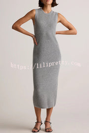 Soft and Warm Cashmere Ribbed Knit Sleeveless Midi Sweater Dress