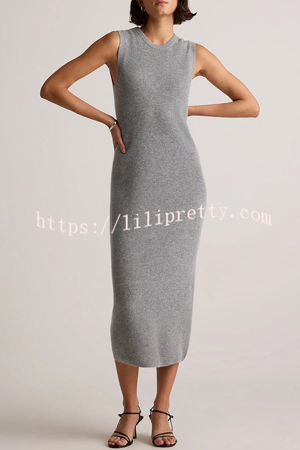Soft and Warm Cashmere Ribbed Knit Sleeveless Midi Sweater Dress