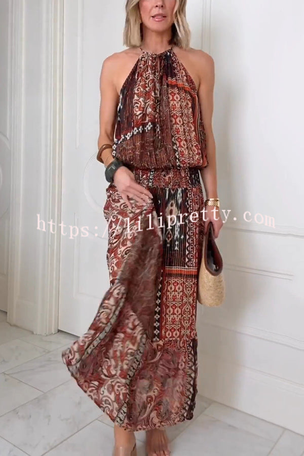 Ethnic Boho Colorblock Print Elastic Waist Resort Style Maxi Dress