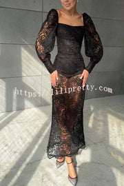 Timeless Moment Floral Lace Square Neck Button Up Balloon Sleeve Top