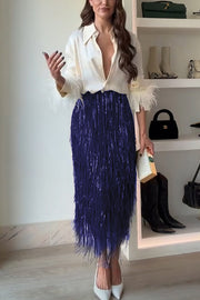 Party Crasher Layered Sequined Tassels High Rise Back Zipper Midi Skirt