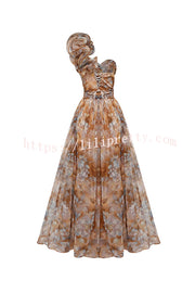 Romantic Ball Chiffon Floral One-shoulder Pleated Design Back Lace-up Gown Maxi Dress