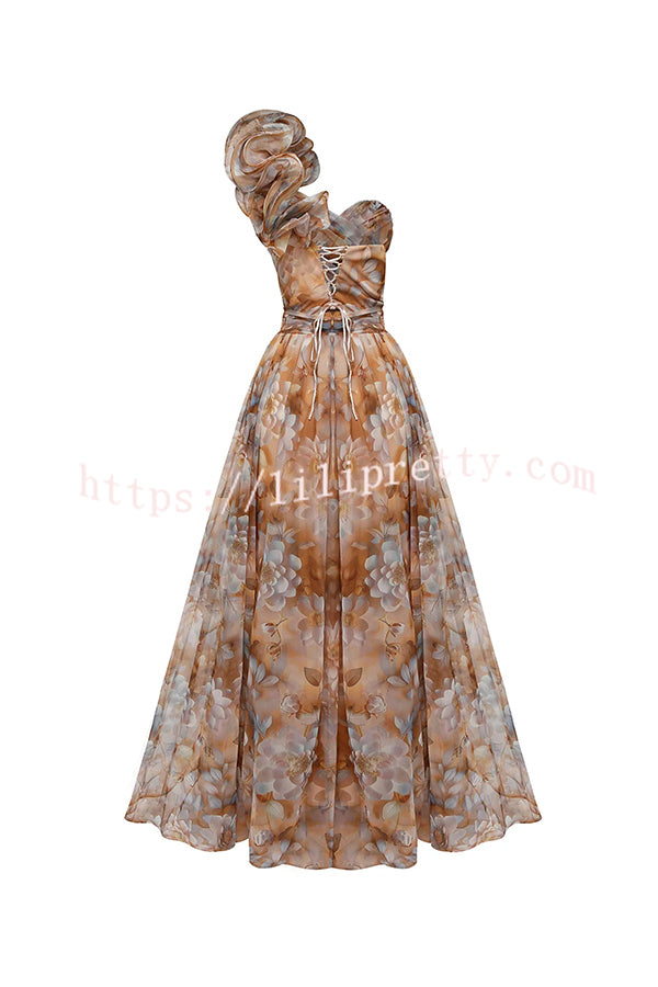 Romantic Ball Chiffon Floral One-shoulder Pleated Design Back Lace-up Gown Maxi Dress