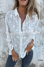 Embroidered Plant Long Sleeve Lapel Hollow Casual Shirt