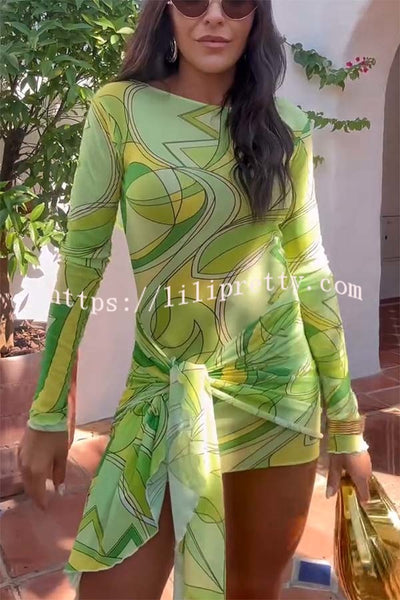 Cienna Mesh Unique Print Long Sleeve Tie-up Sarong Stretch Mini Dress